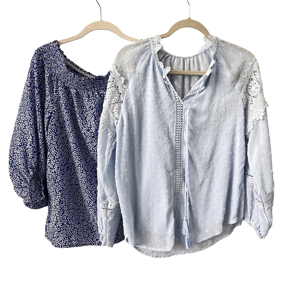 Unbranded Blouse Women Small Blue White Boho Swiss Dot Lace Floral Smocked Top